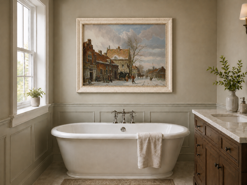 Snowy street with figures and buildings landscape oil painting presented as home wall decor in an interior setting.