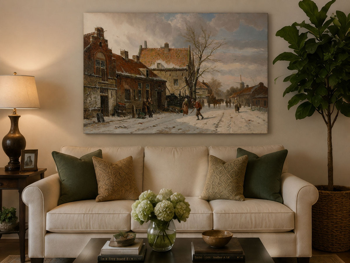 Snowy street with figures and buildings hand-painted oil artwork displayed in a second styled interior wall art view.