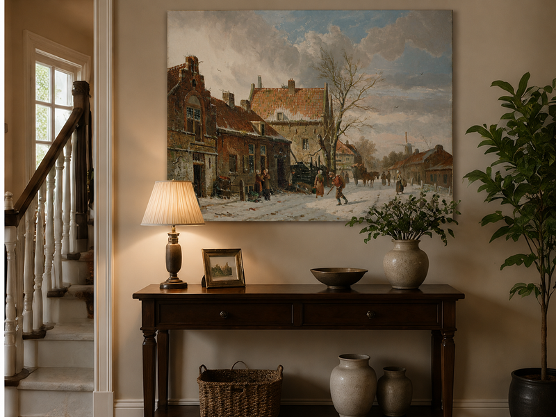 Snowy street with figures and buildings landscape painting shown as decorative oil art in a home interior.