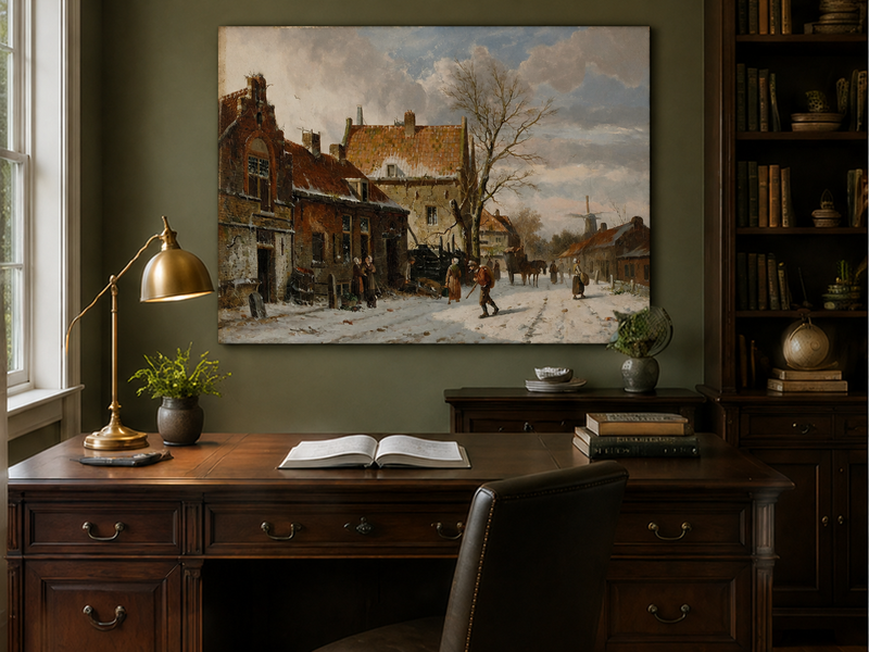 Interior wall art view featuring a hand-painted snowy street with figures and buildings landscape oil painting.
