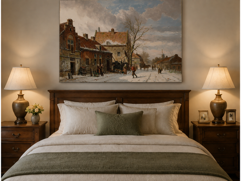 Snowy street with figures and buildings oil painting displayed as landscape wall decor in a styled room.
