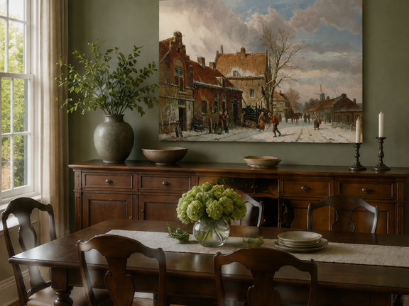 Hand-painted snowy street with figures and buildings landscape artwork shown in an interior wall display.