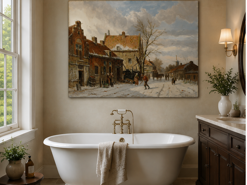 Snowy street with figures and buildings landscape oil painting presented as home decor in a styled interior.