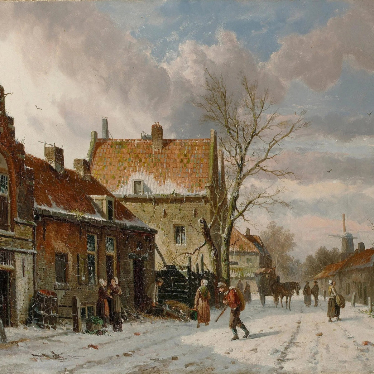 Landscape Oil Painting - Snowy Street with Figures & Buildings - Oil Painting Haven