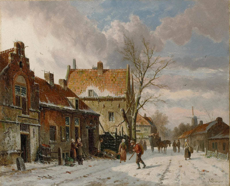 Landscape Oil Painting - Snowy Street with Figures & Buildings - Oil Painting Haven
