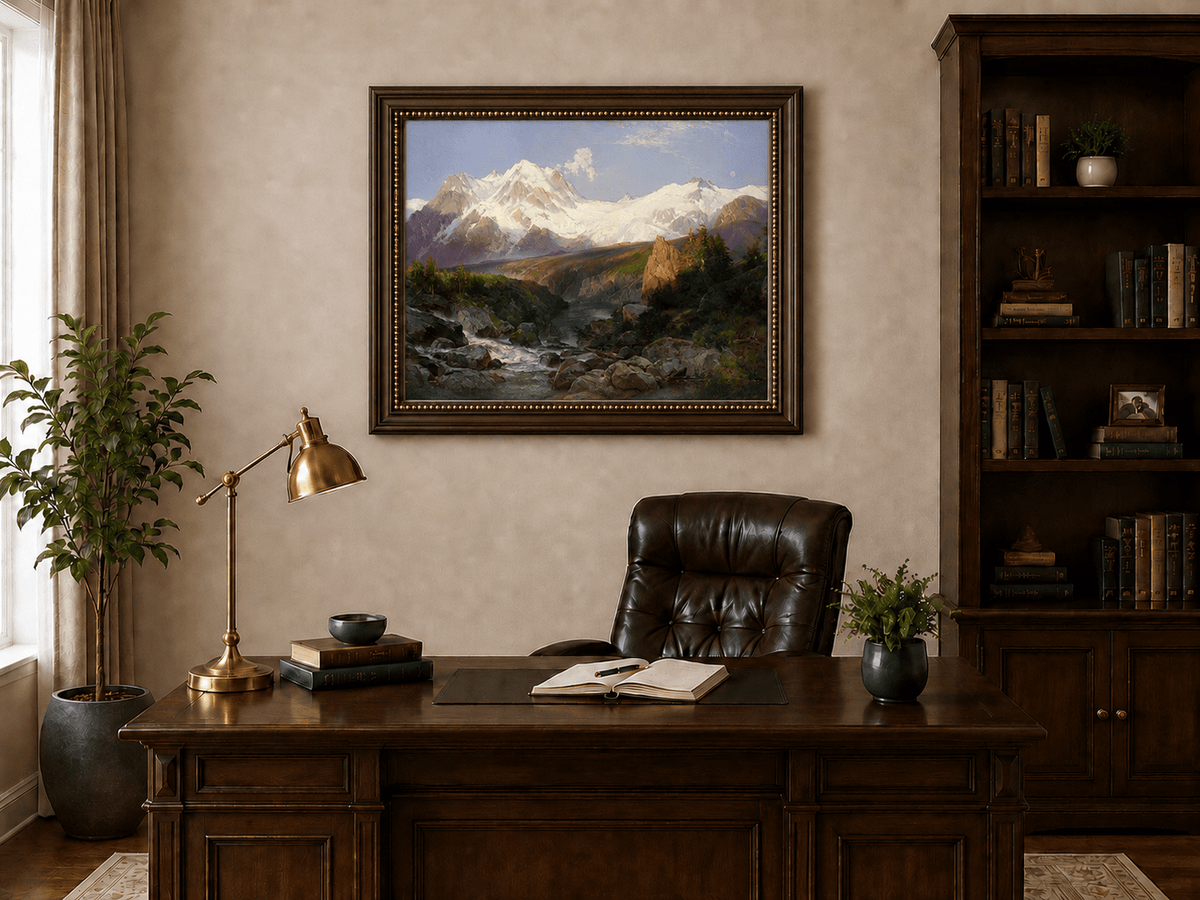 Landscape Oil Painting - Snowy Teton Mountains and River Valley