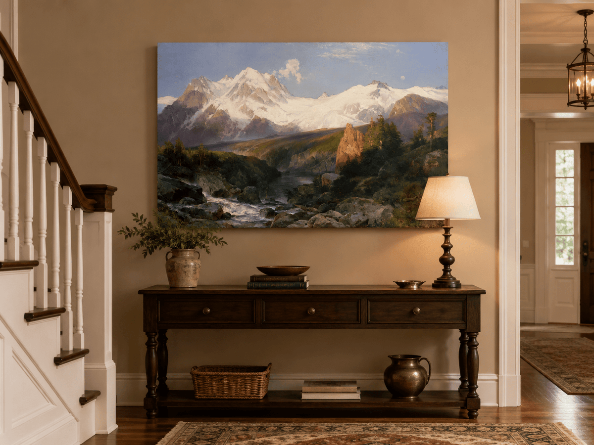 Landscape Oil Painting - Snowy Teton Mountains and River Valley
