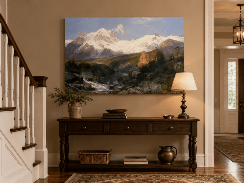 Landscape Oil Painting - Snowy Teton Mountains and River Valley