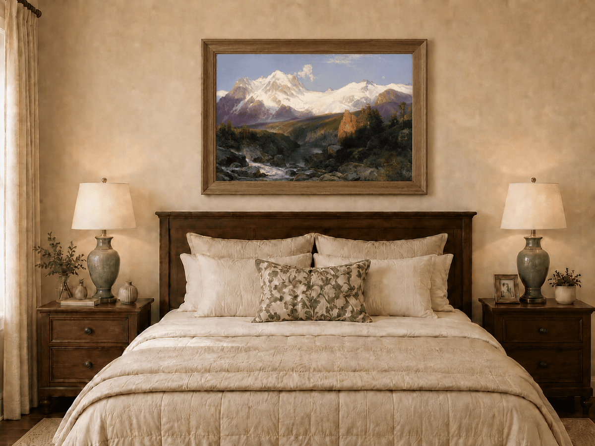 Landscape Oil Painting - Snowy Teton Mountains and River Valley