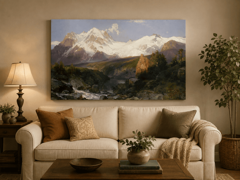 Landscape Oil Painting - Snowy Teton Mountains and River Valley