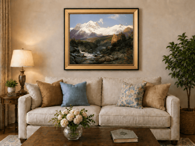 Landscape Oil Painting - Snowy Teton Mountains and River Valley