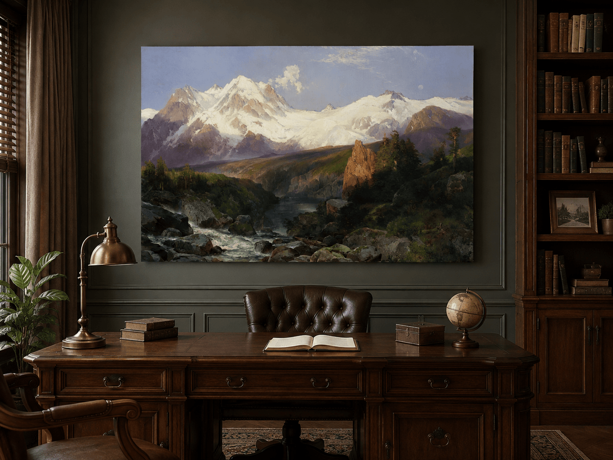 Landscape Oil Painting - Snowy Teton Mountains and River Valley