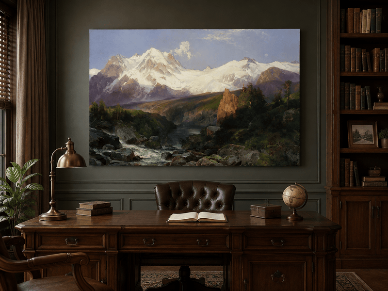 Landscape Oil Painting - Snowy Teton Mountains and River Valley