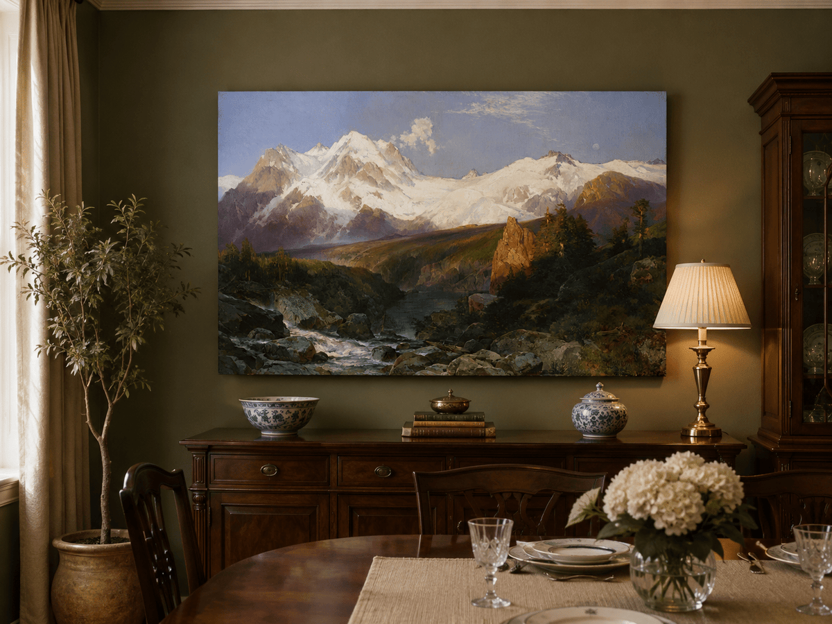 Landscape Oil Painting - Snowy Teton Mountains and River Valley