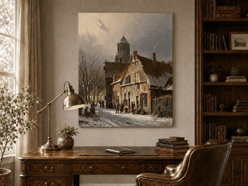 Interior wall art view featuring a snowy town street with figures and old buildings oil painting.