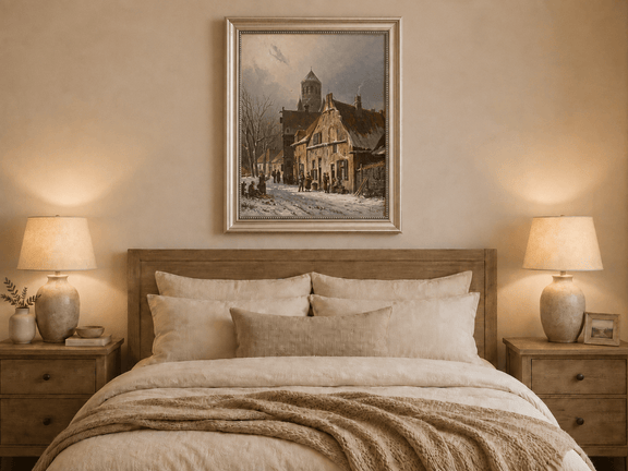 Snowy town street with figures and old buildings landscape oil painting presented in an interior wall art mockup.