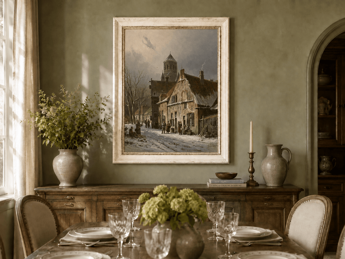 Hand-painted snowy town street with figures and old buildings artwork displayed as decorative wall art.