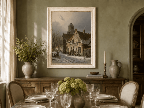 Hand-painted snowy town street with figures and old buildings artwork displayed as decorative wall art.