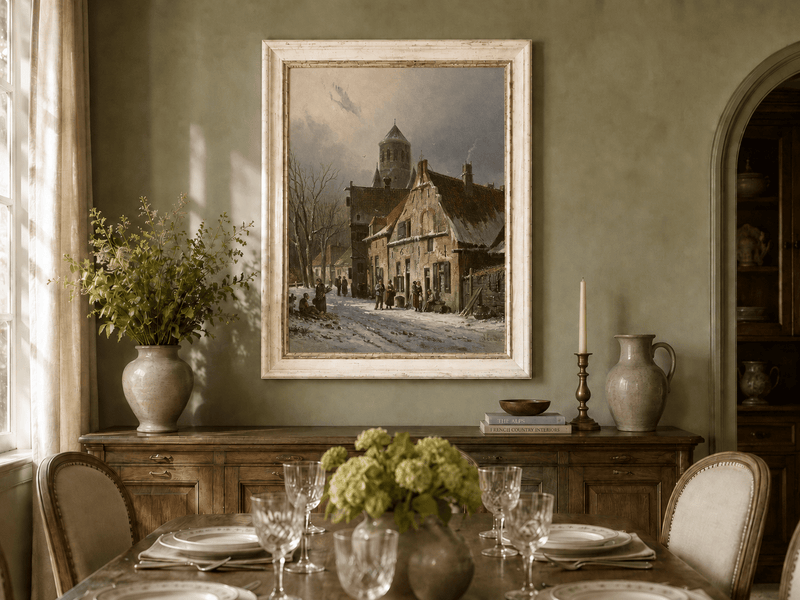 Hand-painted snowy town street with figures and old buildings artwork displayed as decorative wall art.