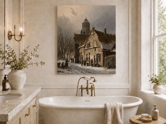 Snowy town street with figures and old buildings landscape oil painting presented as styled home decor.
