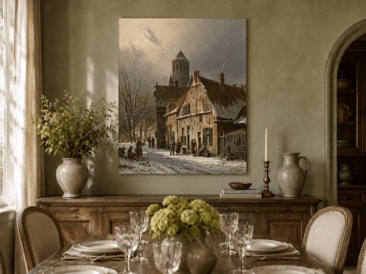 Hand-painted snowy town street with figures and old buildings landscape artwork in an interior display.