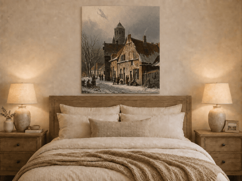 Snowy town street with figures and old buildings oil painting displayed as landscape wall decor.
