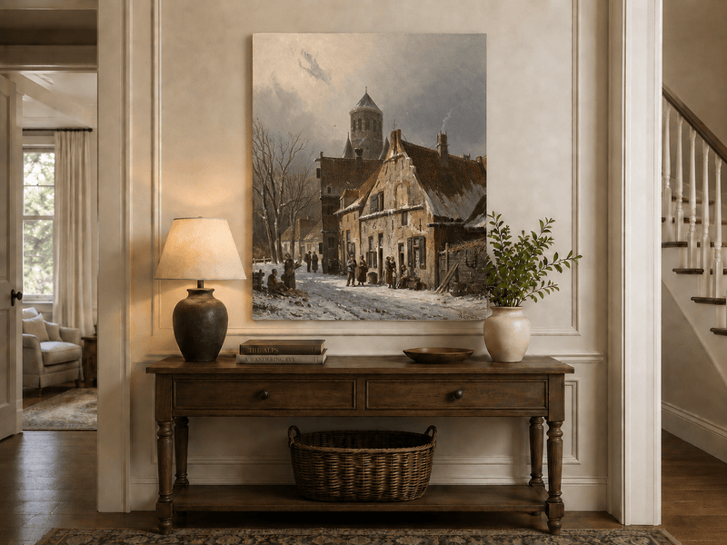 Snowy town street with figures and old buildings landscape painting shown as decorative oil wall art.