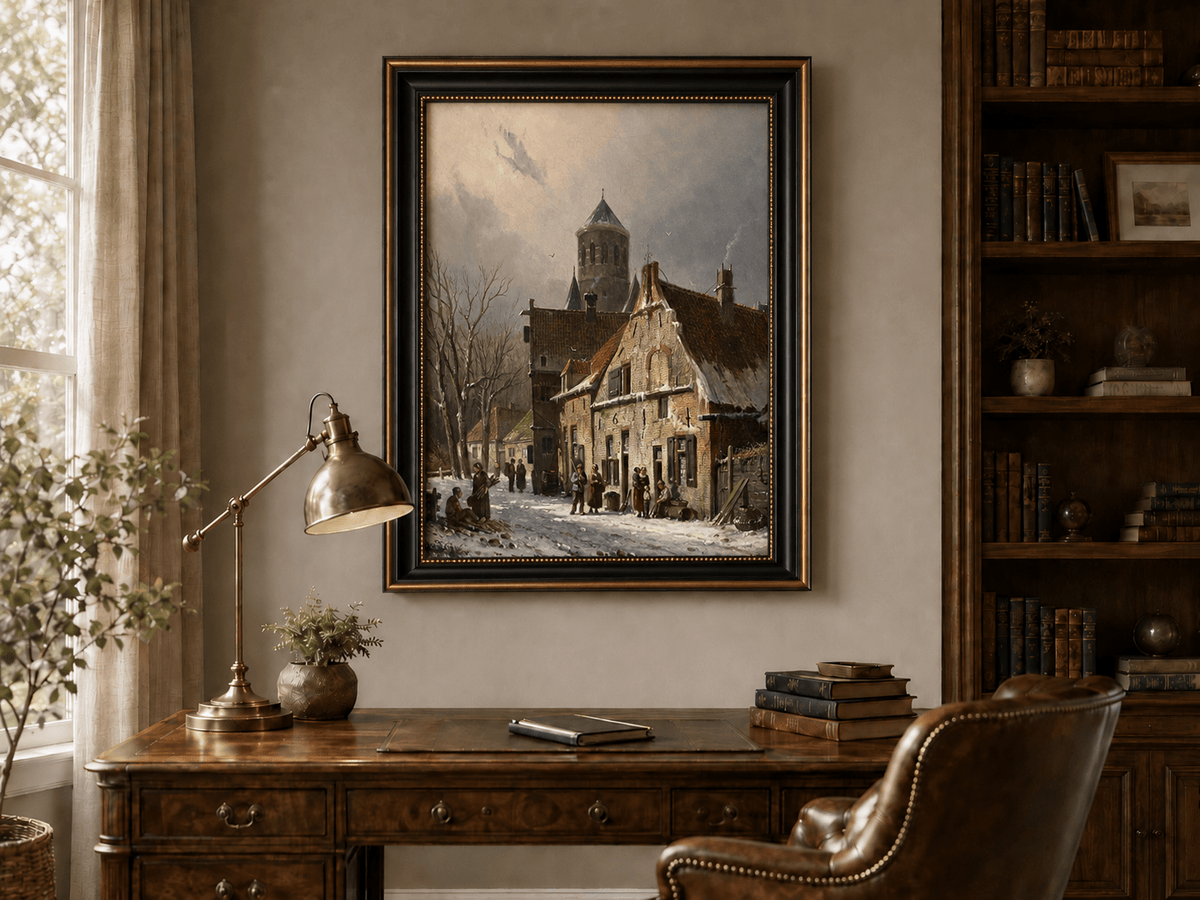 Snowy town street with figures and old buildings hand-painted oil artwork shown as home wall decor.