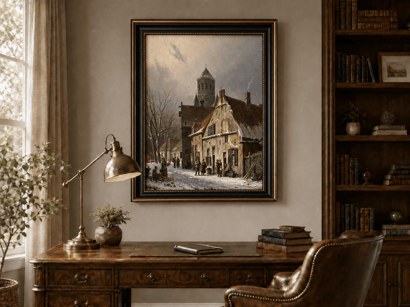 Snowy town street with figures and old buildings hand-painted oil artwork shown as home wall decor.
