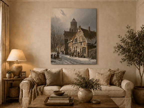 Snowy town street with figures and old buildings hand-painted oil artwork displayed in a second interior view.
