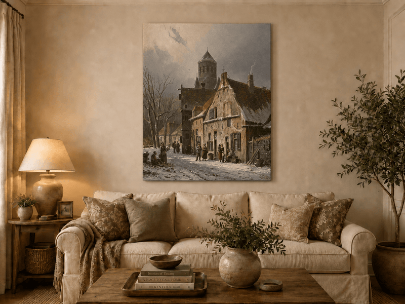 Snowy town street with figures and old buildings hand-painted oil artwork displayed in a second interior view.