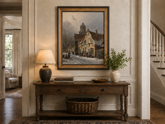 Snowy town street with figures and old buildings landscape oil painting displayed in a styled home interior.
