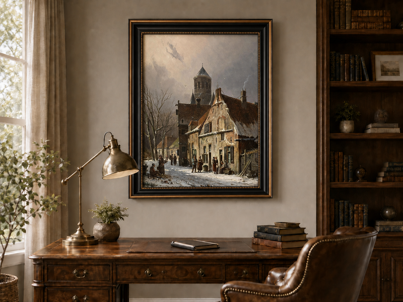 Snowy town street with figures and old buildings hand-painted oil artwork shown as home wall decor.