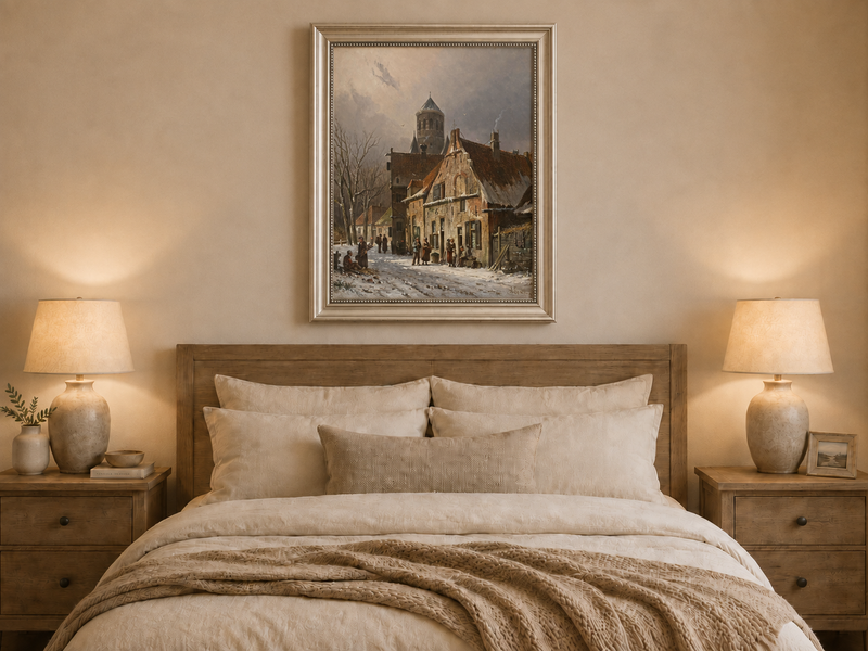 Snowy town street with figures and old buildings landscape oil painting presented in an interior wall art mockup.