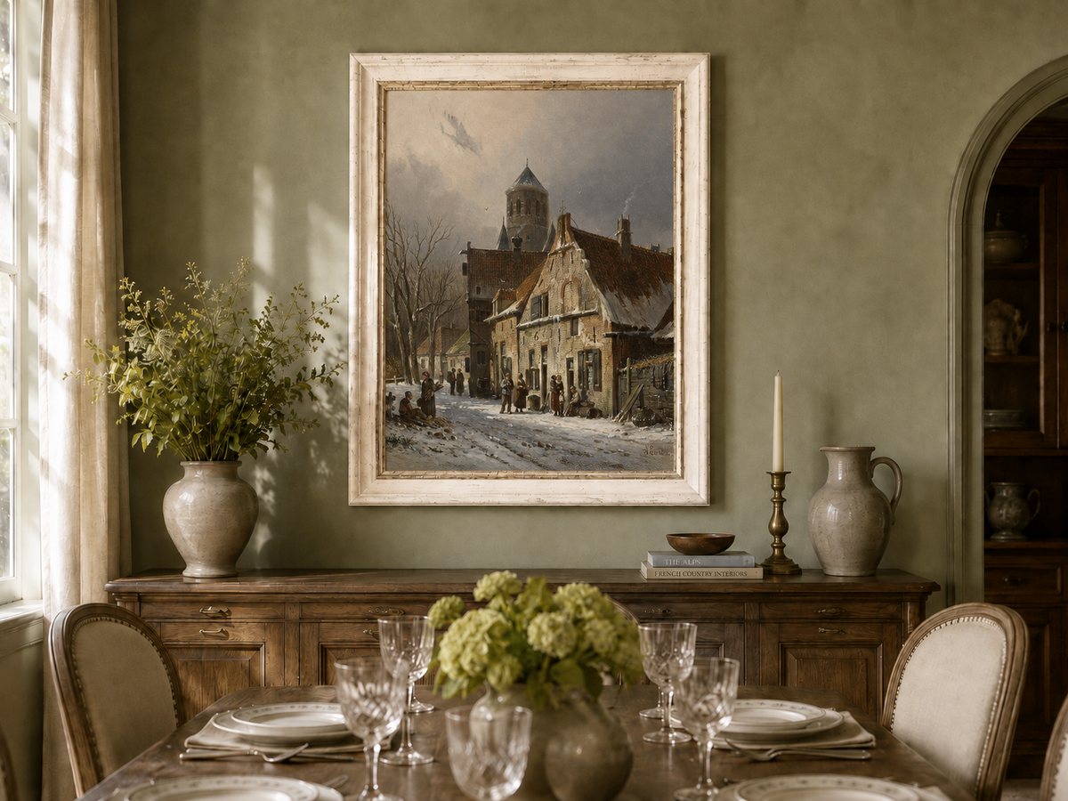 Hand-painted snowy town street with figures and old buildings artwork displayed as decorative wall art.