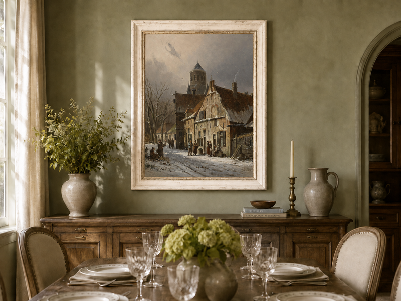 Hand-painted snowy town street with figures and old buildings artwork displayed as decorative wall art.