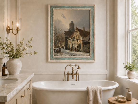 Snowy town street with figures and old buildings oil landscape artwork shown in a styled home interior.
