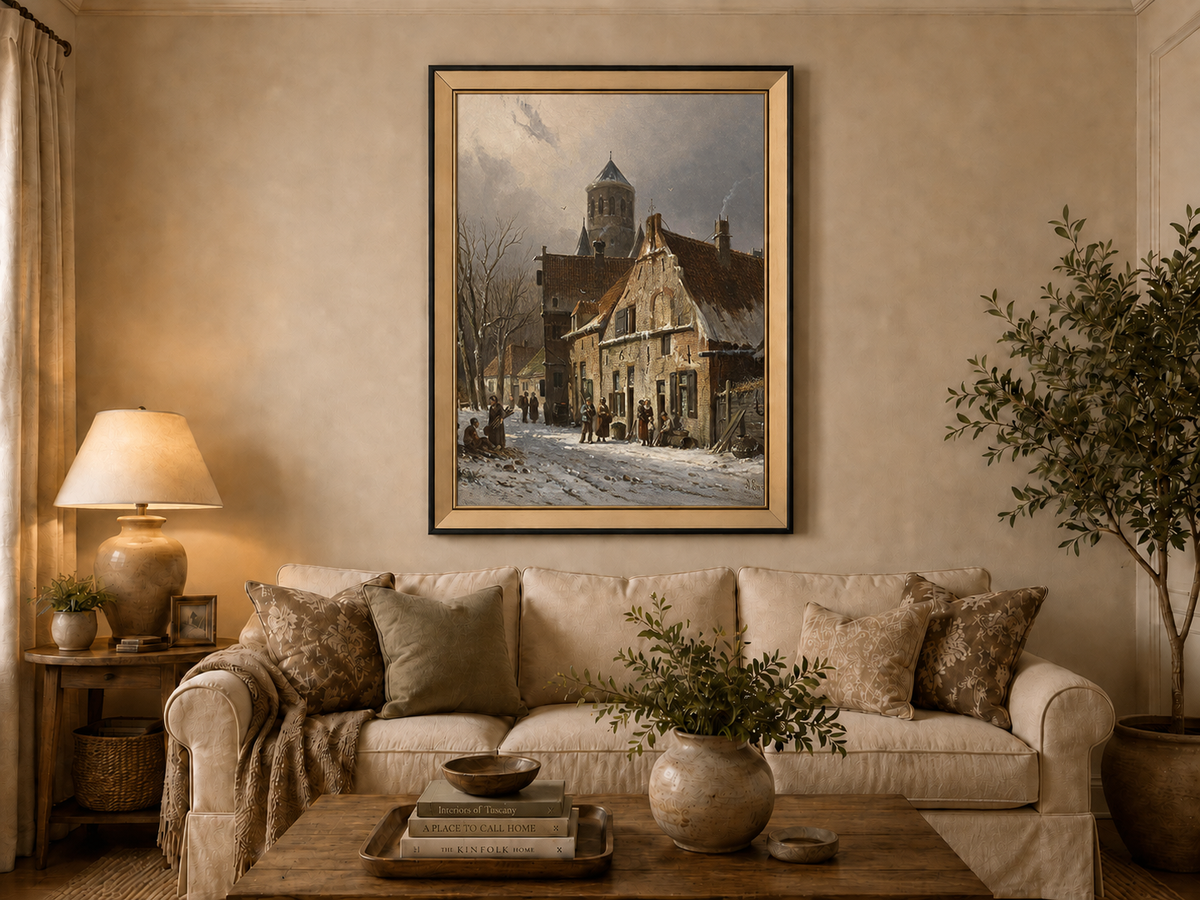 Snowy town street with figures and old buildings landscape oil painting presented as interior home decor.