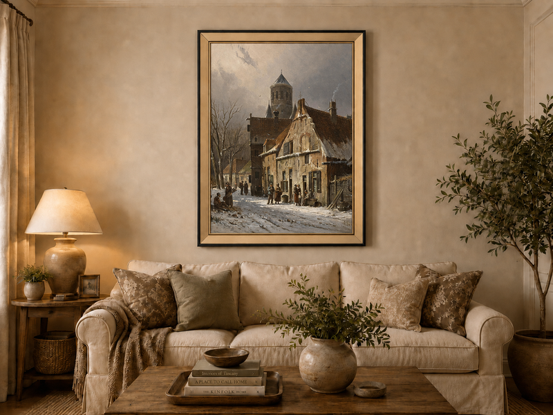 Snowy town street with figures and old buildings landscape oil painting presented as interior home decor.
