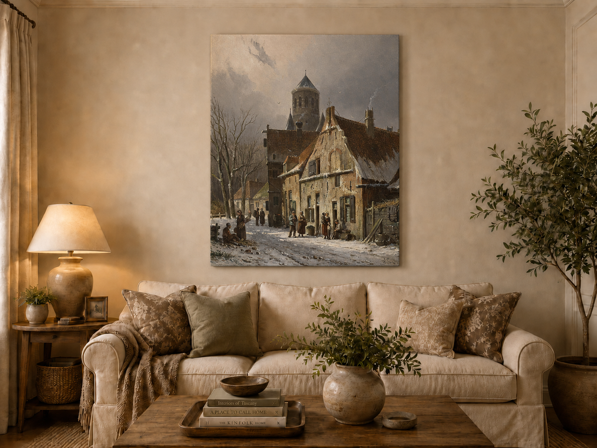 Snowy town street with figures and old buildings hand-painted oil artwork displayed in a second interior view.