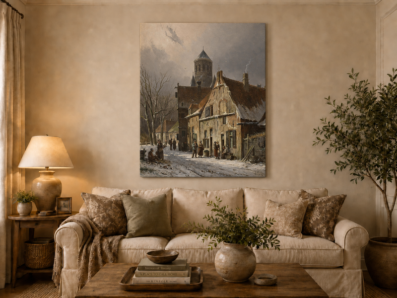 Snowy town street with figures and old buildings hand-painted oil artwork displayed in a second interior view.