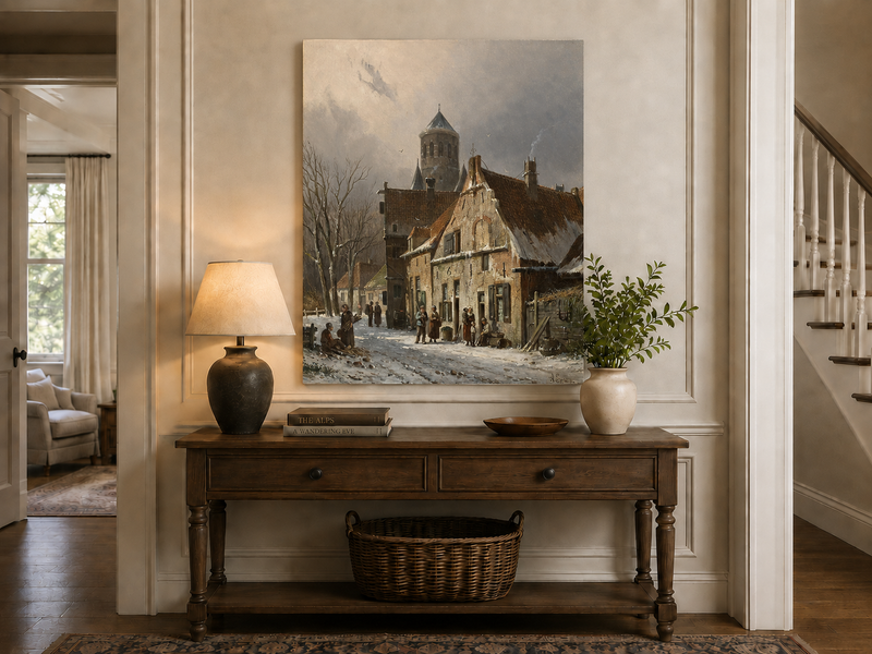 Snowy town street with figures and old buildings landscape painting shown as decorative oil wall art.