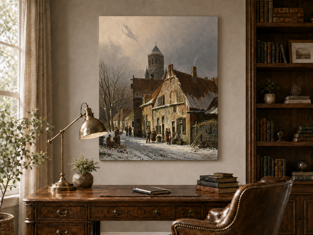 Interior wall art view featuring a snowy town street with figures and old buildings oil painting.