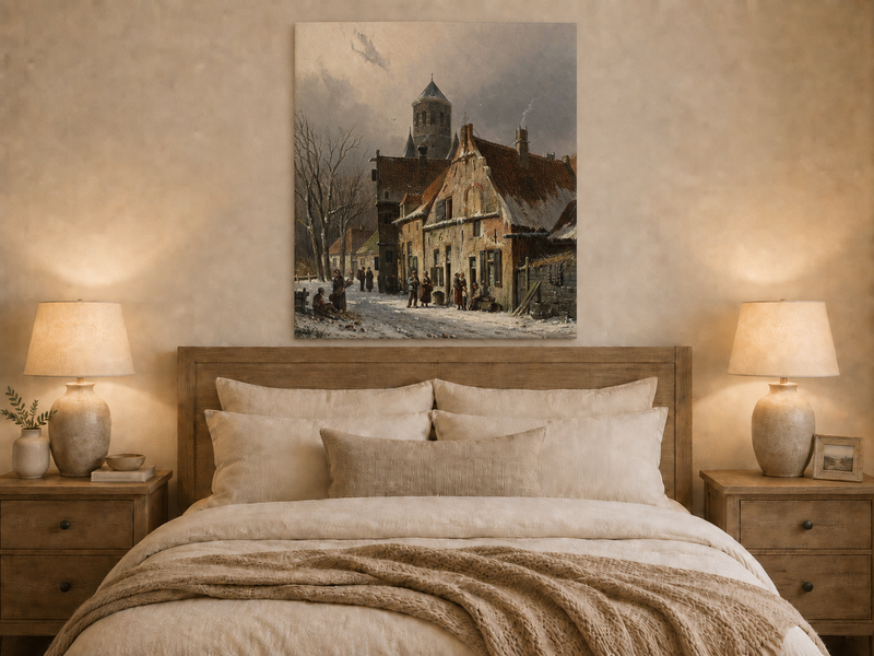 Snowy town street with figures and old buildings oil painting displayed as landscape wall decor.