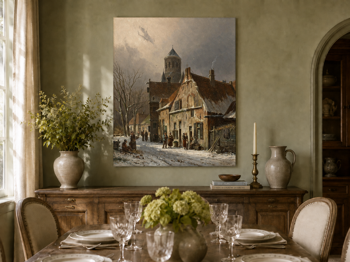 Hand-painted snowy town street with figures and old buildings landscape artwork in an interior display.
