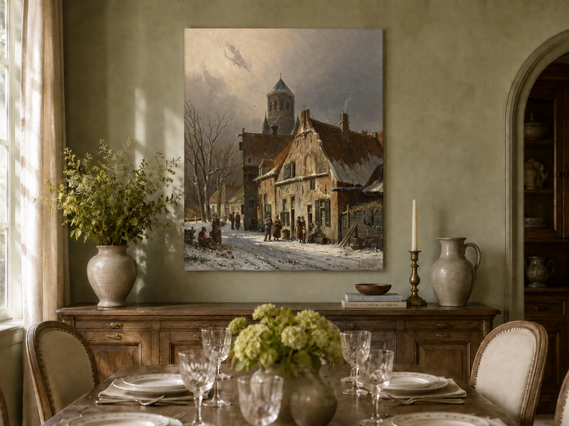 Hand-painted snowy town street with figures and old buildings landscape artwork in an interior display.