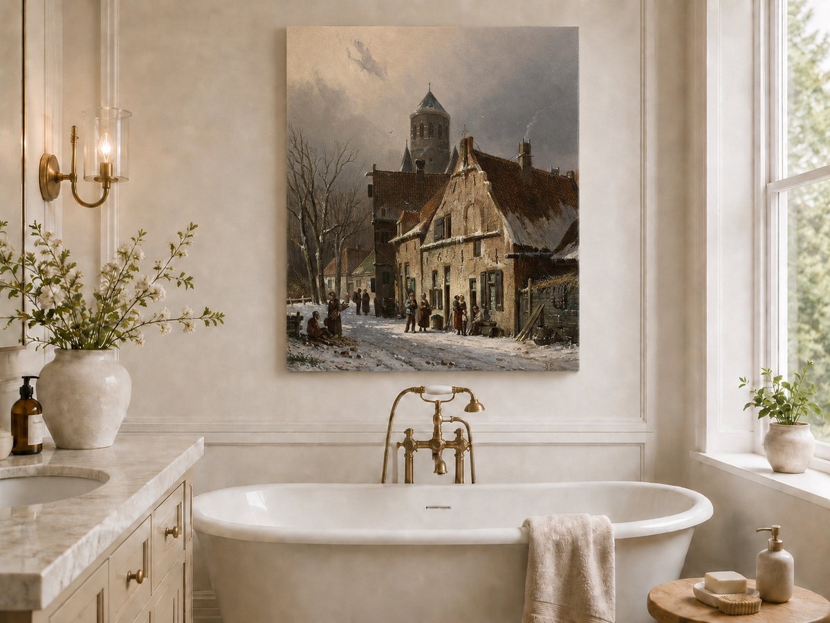 Snowy town street with figures and old buildings landscape oil painting presented as styled home decor.