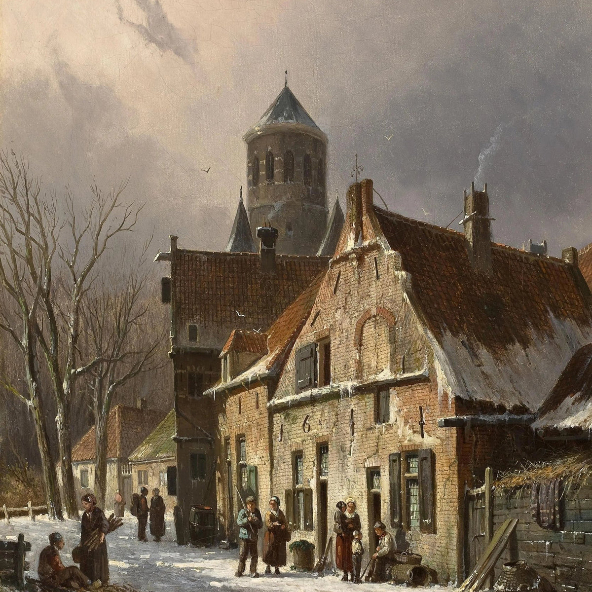 Landscape Oil Painting - Snowy Town Street with Figures & Old Buildings - Oil Painting Haven