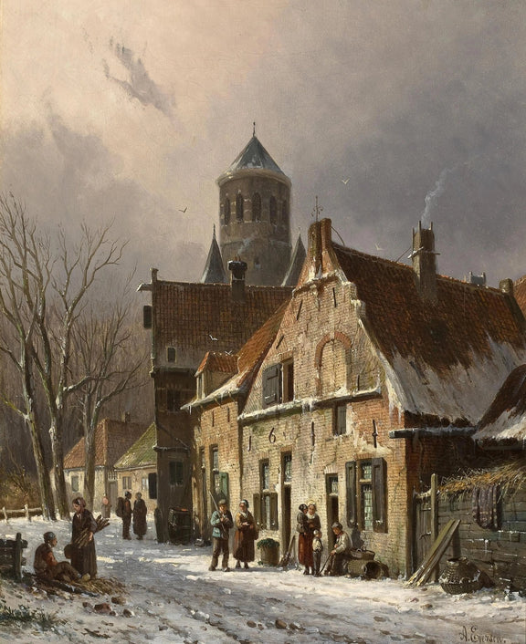 Landscape Oil Painting - Snowy Town Street with Figures & Old Buildings - Oil Painting Haven