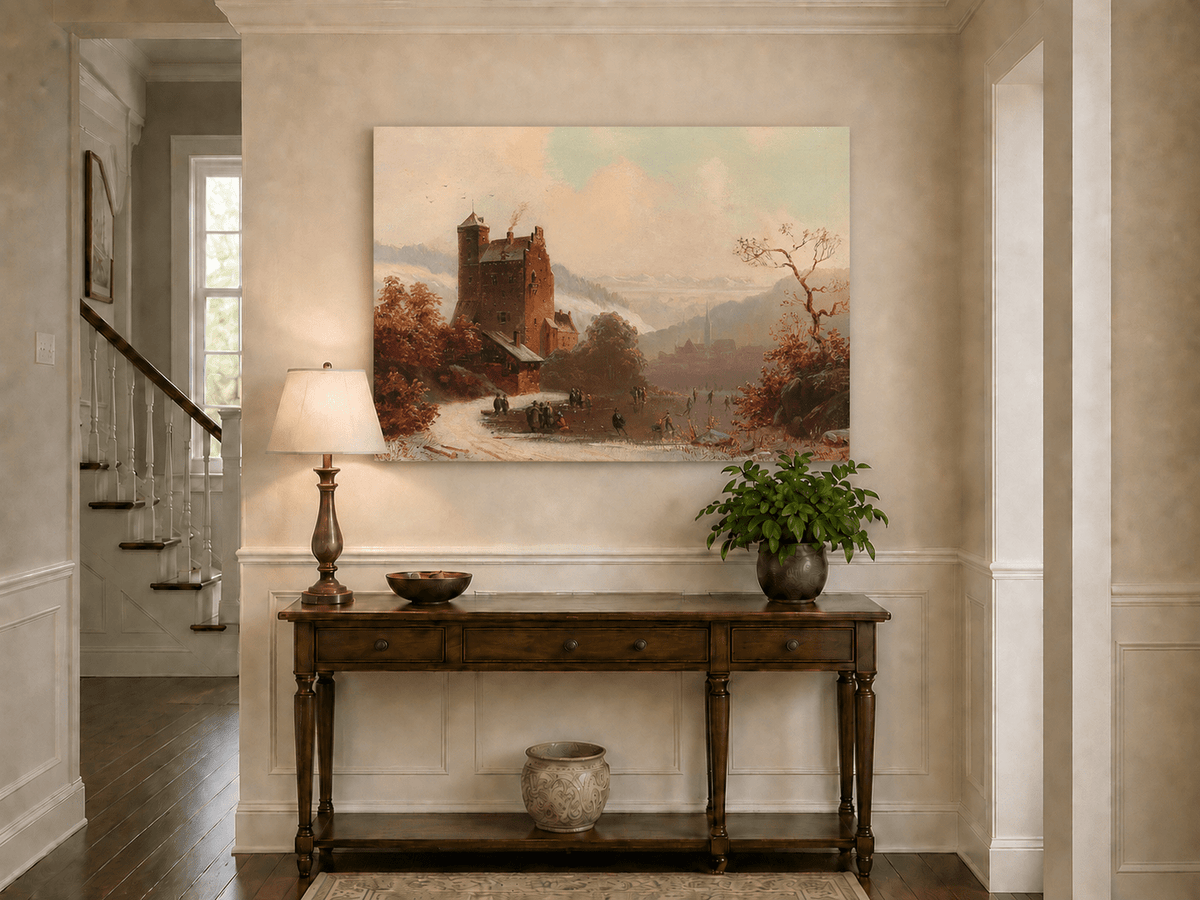 Peinture à l'huile de paysage - Gouffre rocheux spectaculaire avec personnages